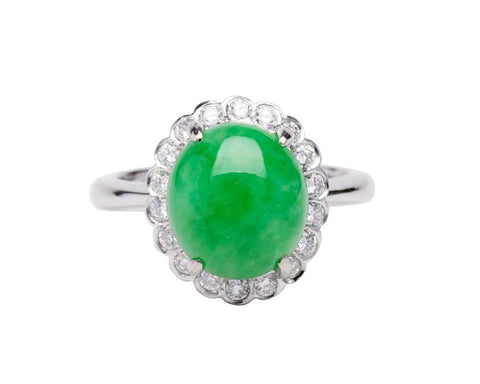 Green Cabochon Jade Ring with Diamonds | Natural Burmese Jadeite Jewelry by TRACE