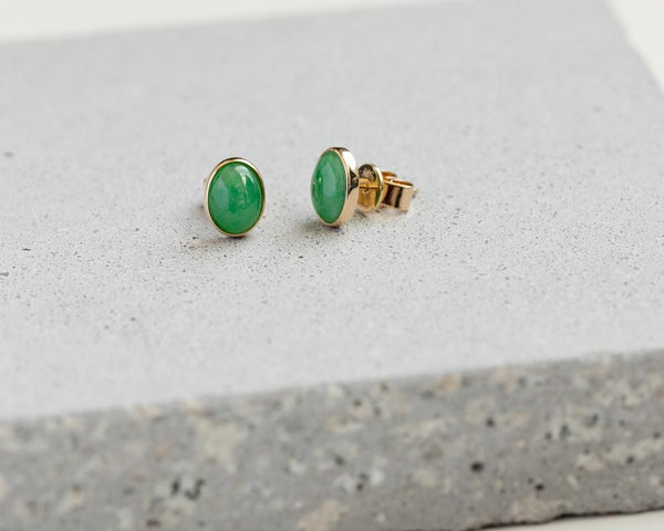Yellow Gold Green Oval Jade Stud Earrings Natural jade earrings