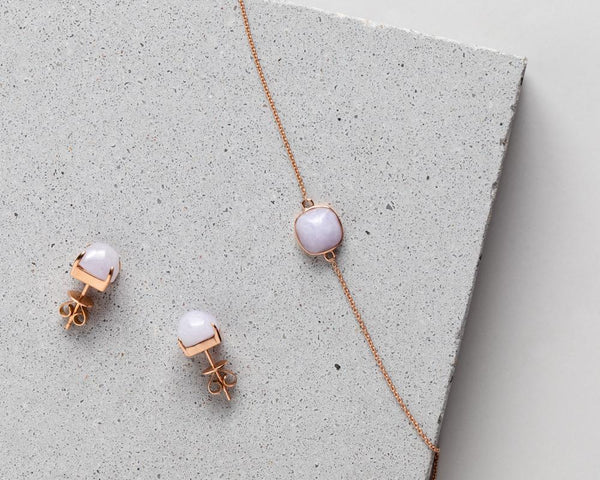 Lavender Jade Jewelry in Rose Gold | Modern Jade Stud Earrings & Bracelet by TRACE