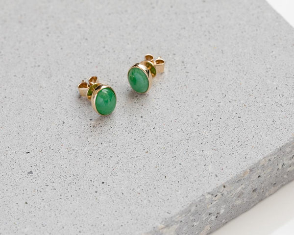 Yellow Gold Green Oval Jade Studs | Modern Jade Designs by TRACE
