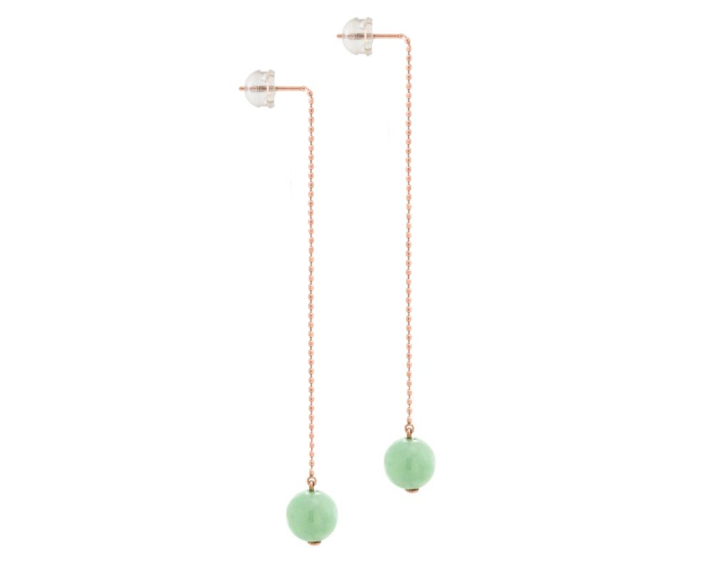 Threader Earrings Rose Gold with Green Jade Bead, 10k rose gold