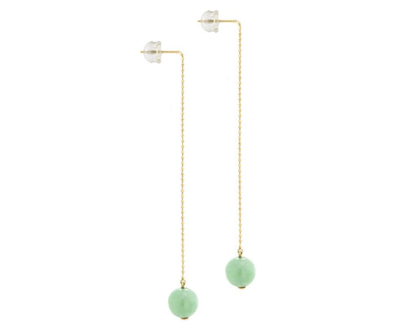 Yellow Gold Threader Earrings with Natural Jade