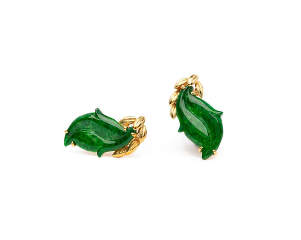Green Jade Leaf Earrings 18k yellow gold | Natural jadeite jewelry by TRACE