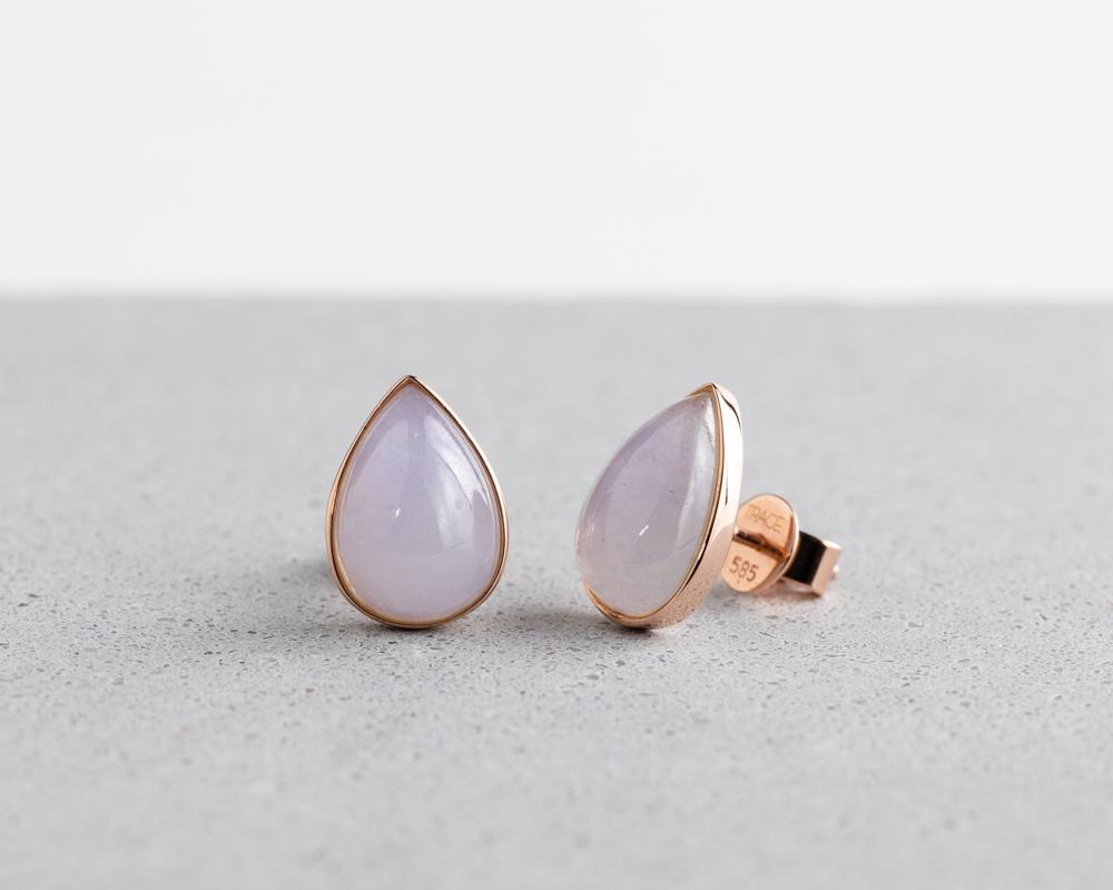 Rose Gold Lavender Pear Jade Studs | Grade A Jadeite Earrings | Jade jewelry by TRACE