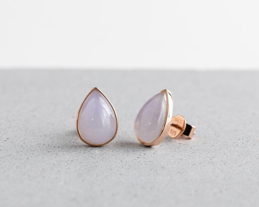 Rose Gold Lavender Pear Jade Studs | Grade A Jadeite Earrings | Jade jewelry by TRACE
